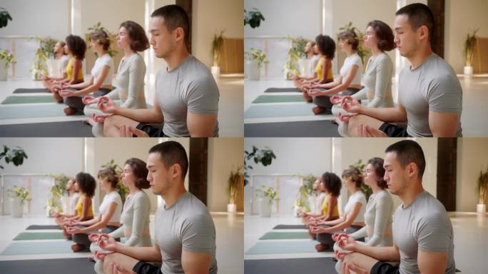 多种族的朋友在通风的瑜伽室里排成一排冥想