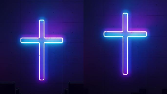 教堂的墙上装饰着一个发光的霓虹灯基督教十字架
