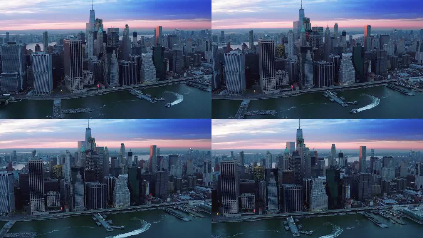 曼哈顿金融区鸟瞰图。曼哈顿下城著名的摩天大楼。白天的纽约，美国。从直升机上拍摄的。