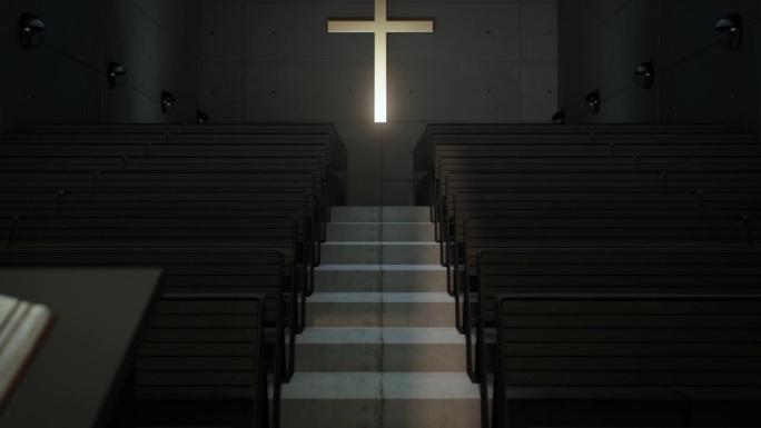 在教堂的墙上，有一个被照亮的大十字架。