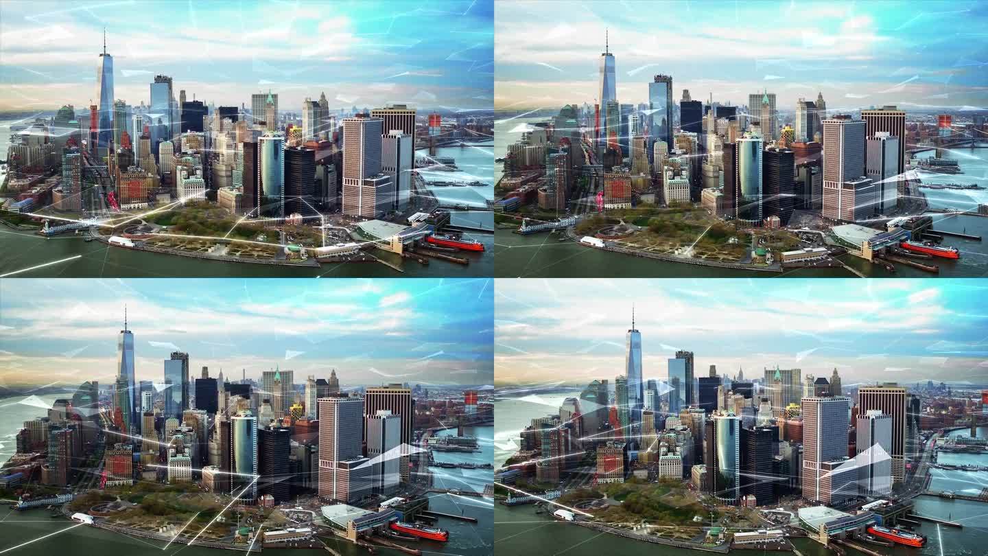 曼哈顿天际线的鸟瞰图。Technology-Futuristic。白天曼哈顿中城的照片。