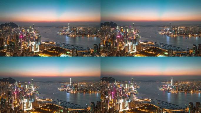 香港城市全景图，维多利亚港夜景鸟瞰图