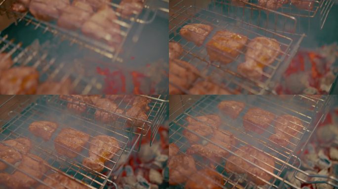 人烤和烧烤美味的卤猪肉，格肉块特写，4K, Prores