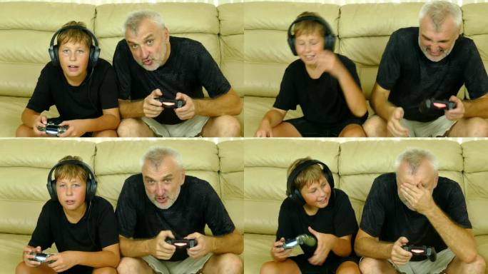 头发花白的男人和一个男孩在玩电子游戏
