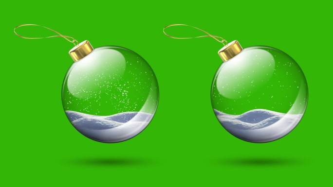 循环4k玻璃圣诞球动画隔离在绿色色度键背景与飘落的雪里面。