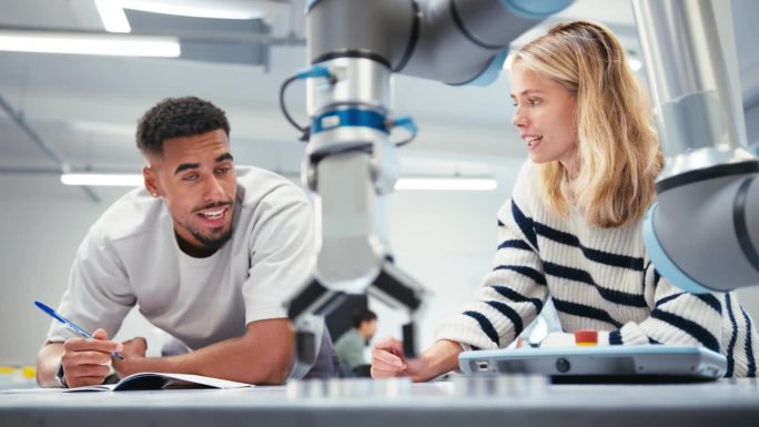 在机器人课堂上，学院或大学工程系的男女学生一起工作