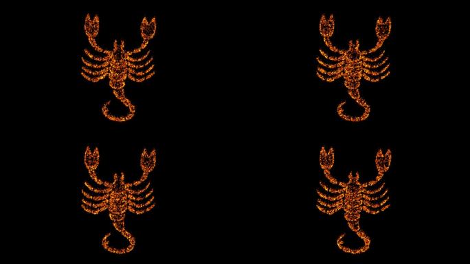 蝎子符号与燃烧的火粒子在普通的黑色背景