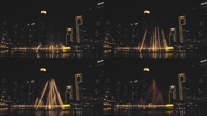 迪拜喷泉的慢镜头夜色夜晚内透