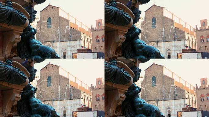 以教堂为背景的海王星喷泉，意大利博洛尼亚