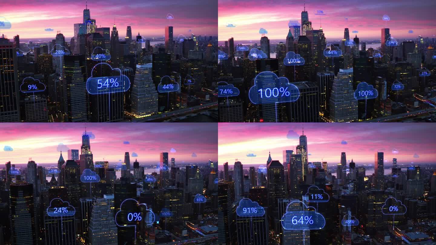 空中智慧城市。网络连接和带有百分比的云计算图标。技术理念、数据通信、人工智能、物联网。纽约的天际线。
