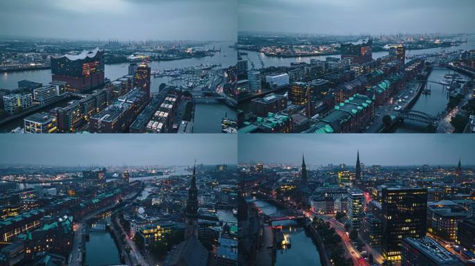 鸟瞰汉堡城市夜景的超延时镜头，德国