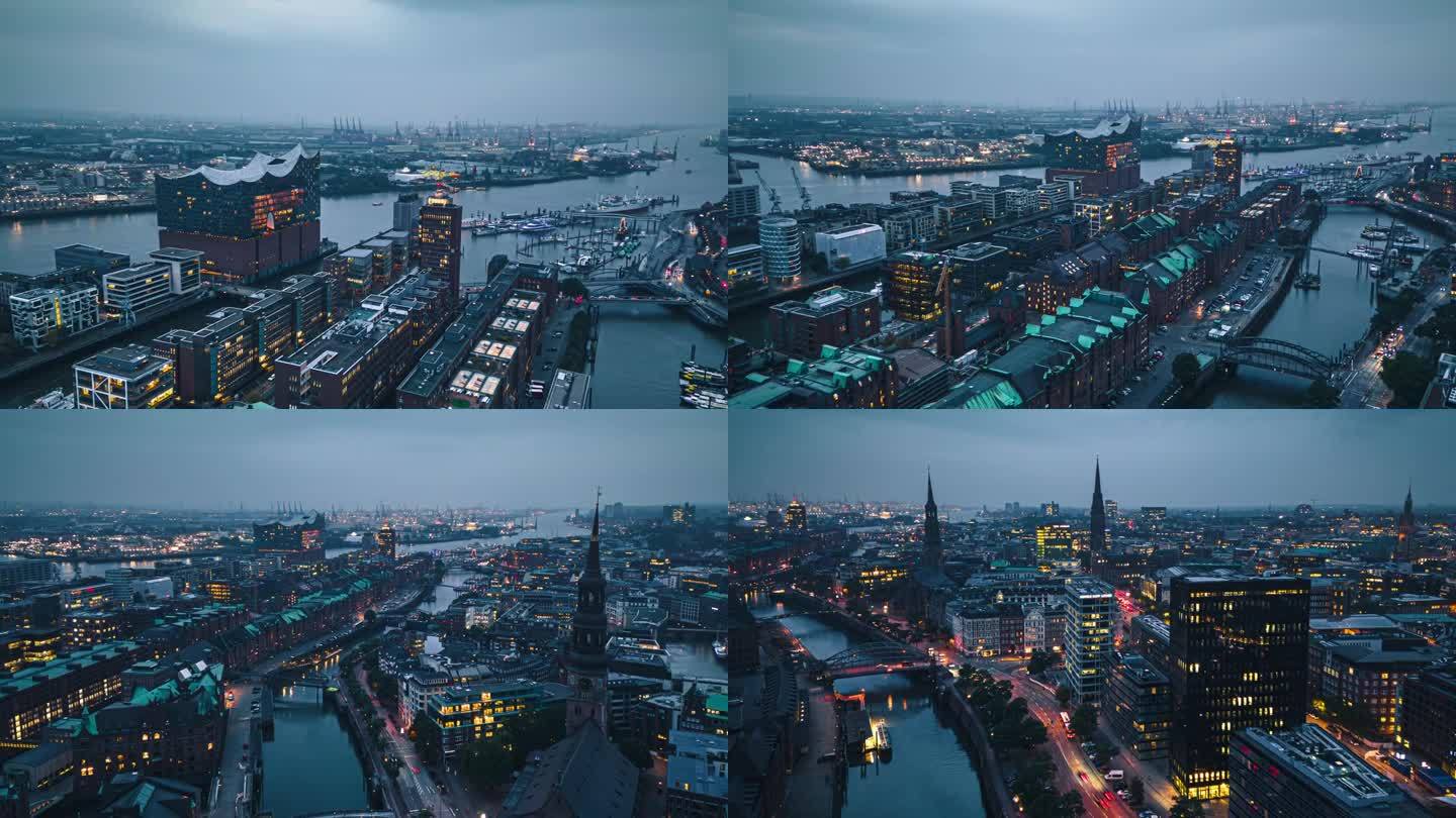 鸟瞰汉堡城市夜景的超延时镜头，德国