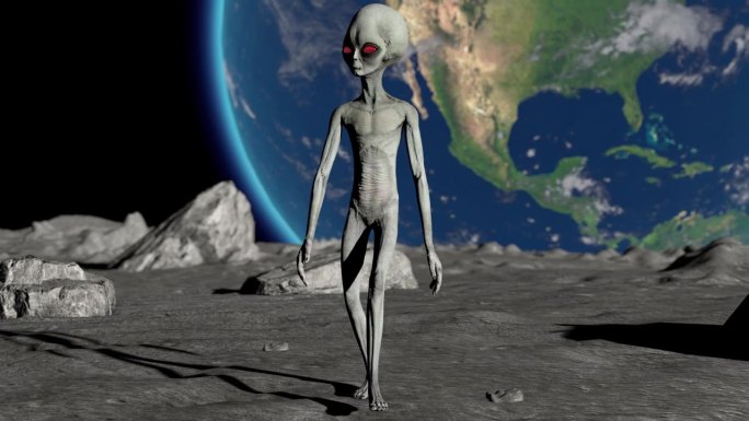可怕的灰色外星人在月球表面行走。地球是可见的。UFO未来概念。3 d渲染。