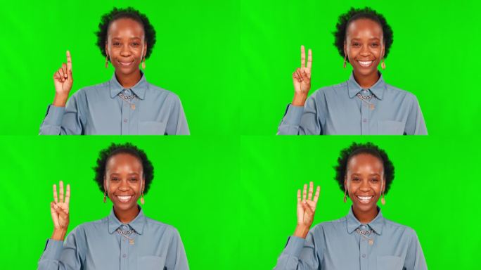 绿色的屏幕，黑人妇女和数手，手指或教孩子们击掌快乐的工作室背景。微笑着，和女孩一起学数学，数数或数数