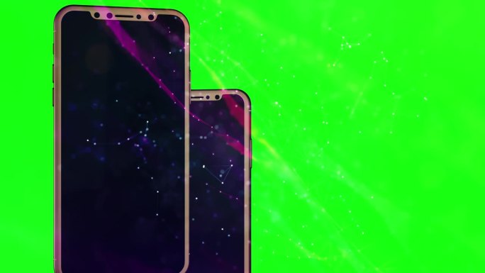 绿色屏幕的智能手机，色度键背景与图形粒子和连接背景隔离