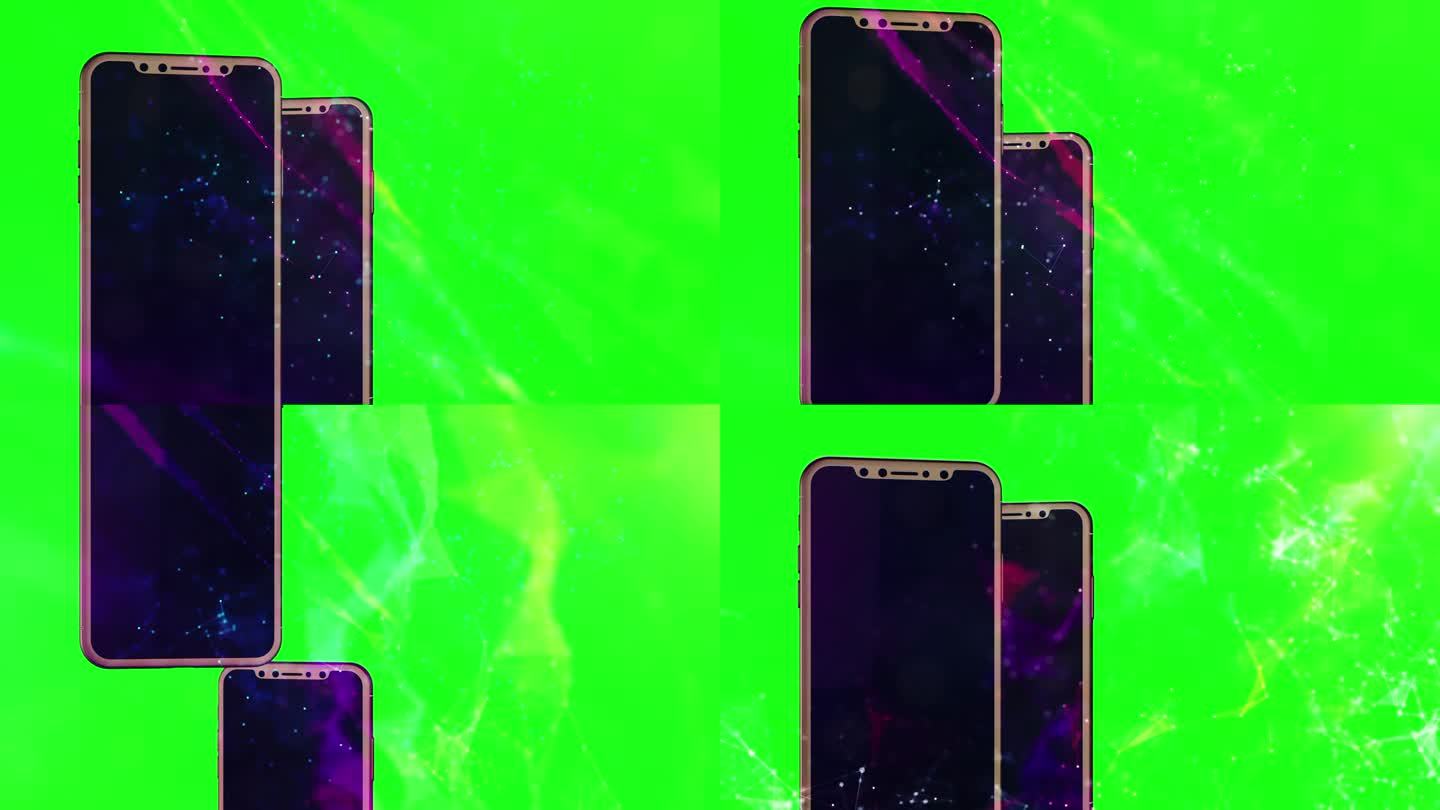 绿色屏幕的智能手机，色度键背景与图形粒子和连接背景隔离