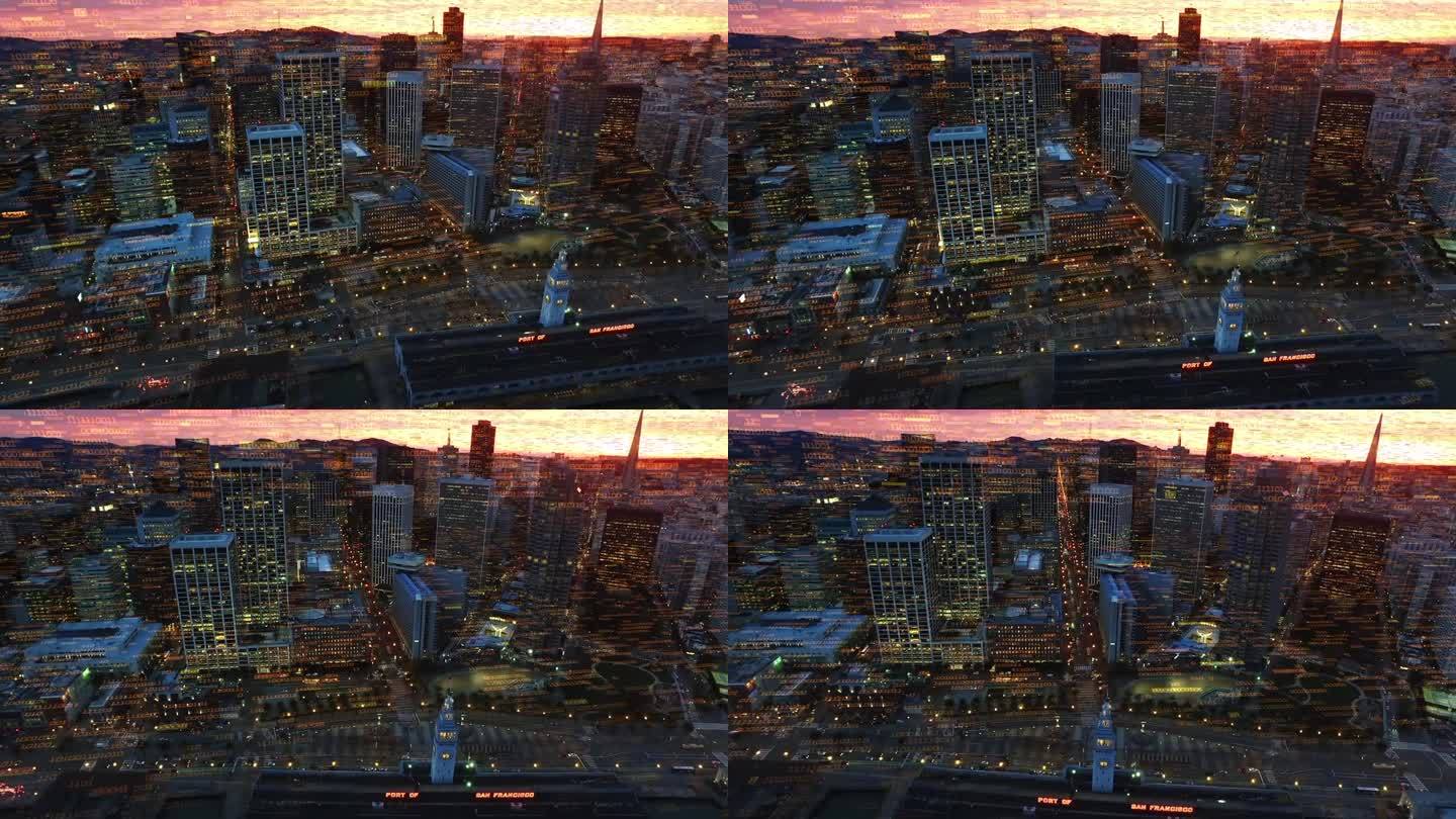 市集街和Embarcadero的旧金山摩天大楼鸟瞰图。技术,未来。金融区。加州，美国。