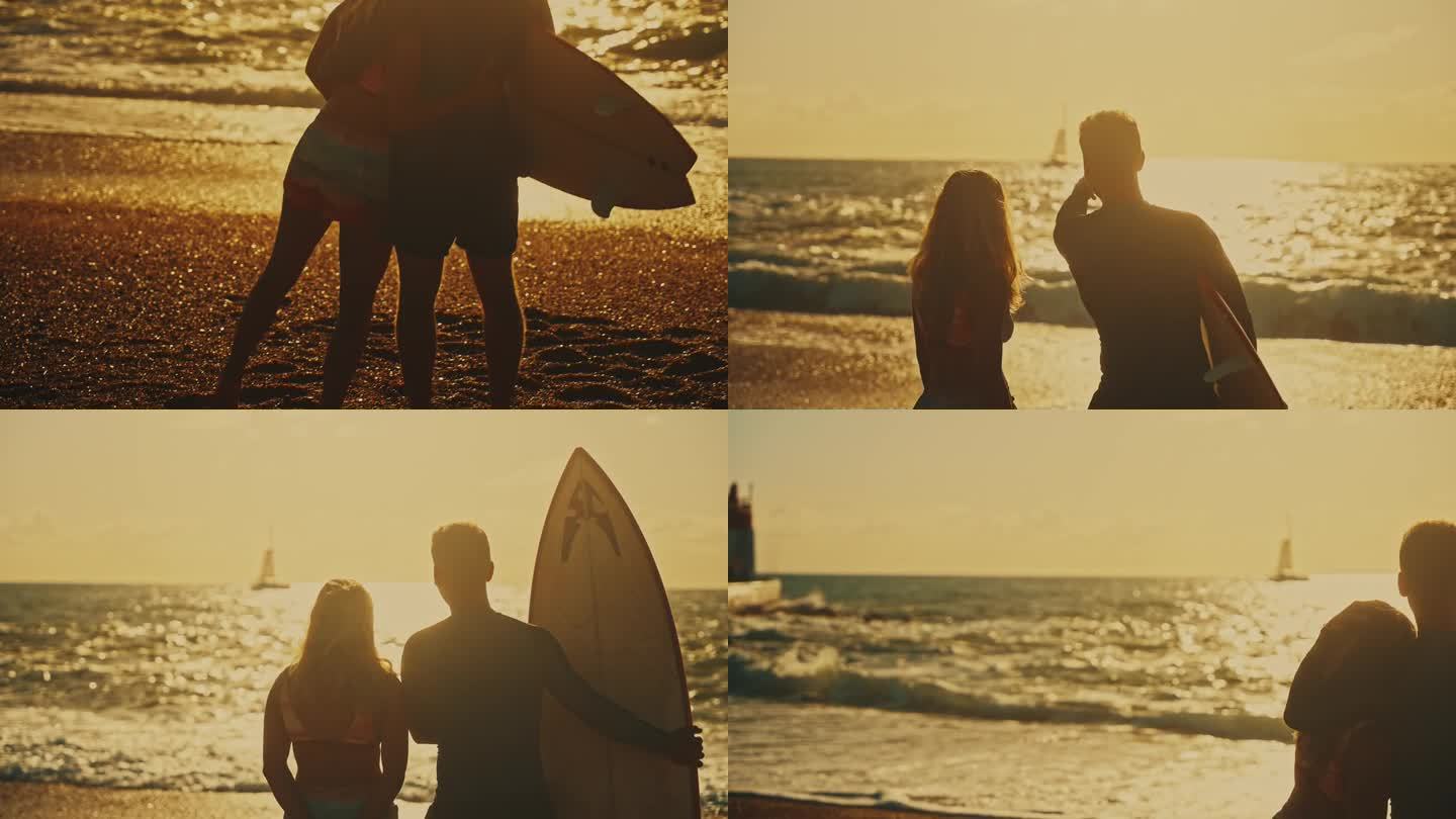 夕阳下，一对冲浪夫妇在阳光明媚的海滩上拥抱