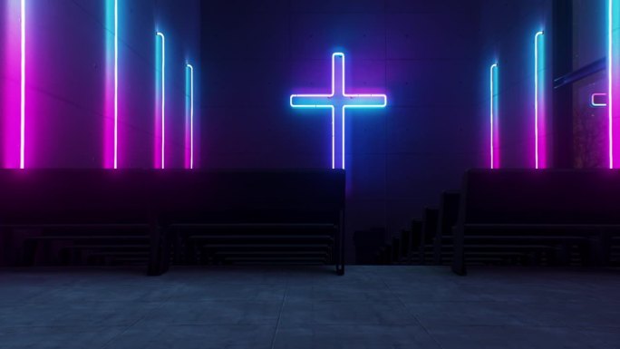 一个发光的霓虹十字架突出地挂在教堂的墙上