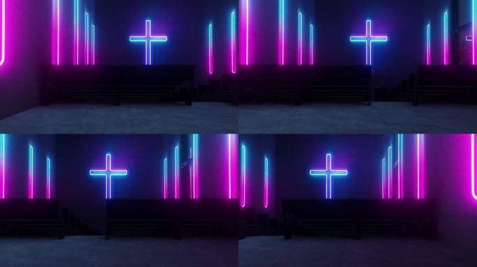 一个发光的霓虹十字架突出地挂在教堂的墙上