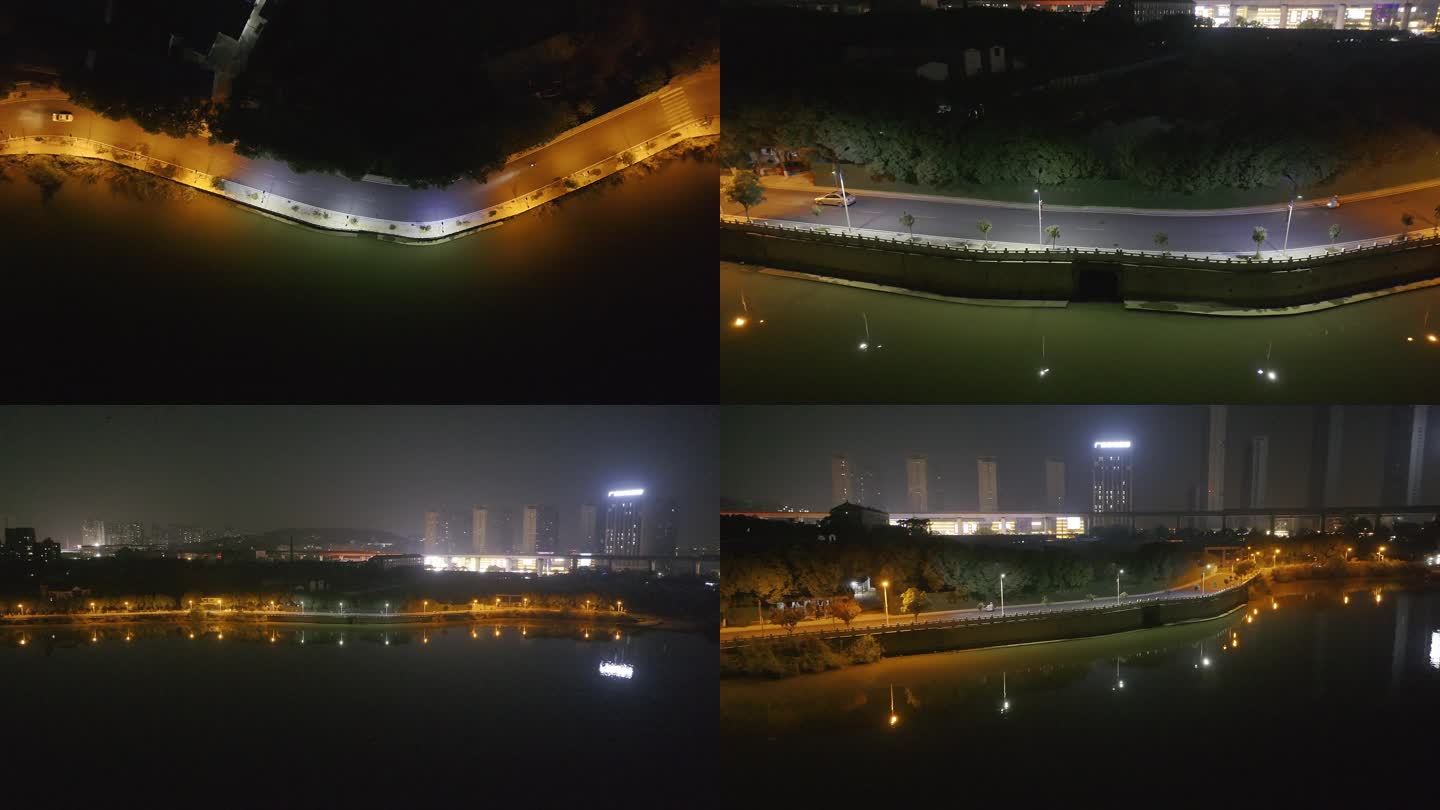 武汉江夏庙山东路夜晚不同颜色的路灯航拍