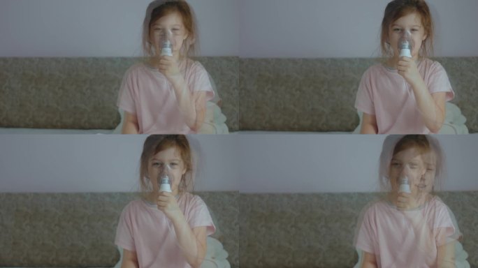 小女孩在家里用喷雾器吸气。咳嗽用药物蒸汽吸入雾化器。软弱的状态。