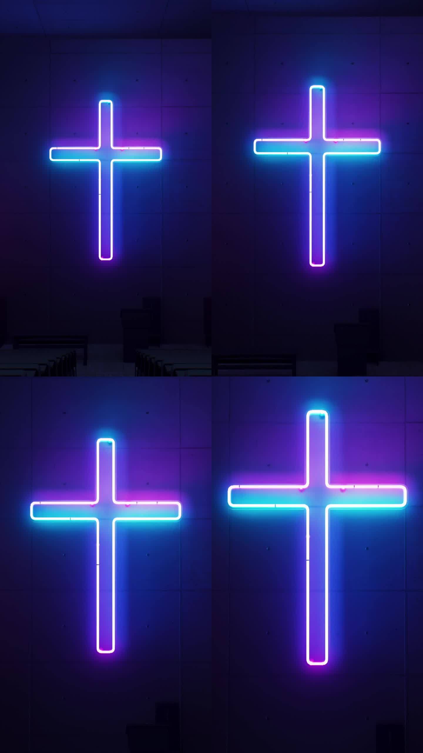 霓虹灯在教堂的外部塑造了一个发光的基督教十字架。