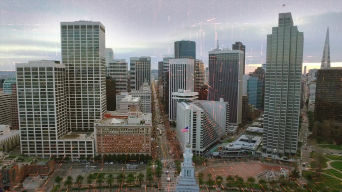 未来的智慧城市。连接旧金山的天际线。鸟瞰图。加州，美国。电路板。技术。