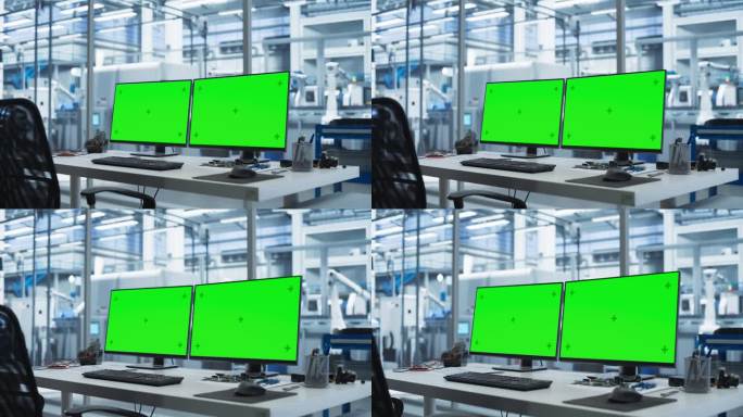 现代工业制造与桌面电脑与绿屏模拟显示。科学实验室，高科技装备工程研究中心，机器人开发技术