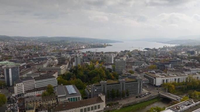 白天苏黎世市中心城市景观湖区航拍全景延时4k瑞士