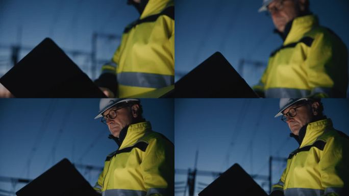 在黄昏时分，男性电气工程师用手提电脑对着蓝天的低角度手持镜头