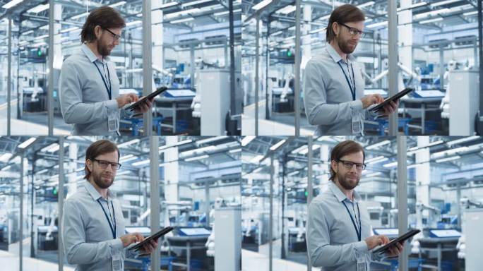 一个英俊的成年工程师的肖像，戴着眼镜，使用平板电脑，看着相机。穿着衬衫的技术人员在一家现代科技工厂里