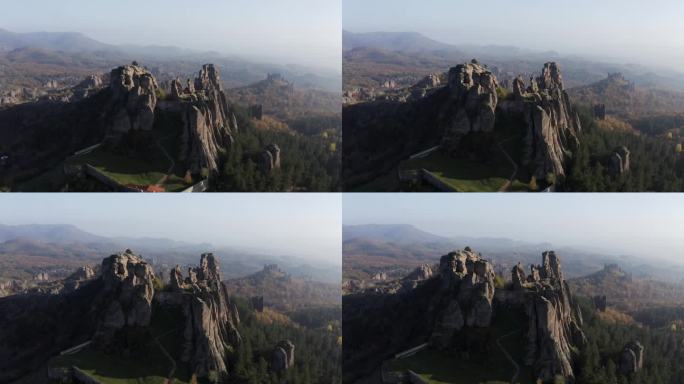 Belogradchik Rock Cliff的拉入无人机拍摄，这是保加利亚西北部维丁省的天然岩石雕