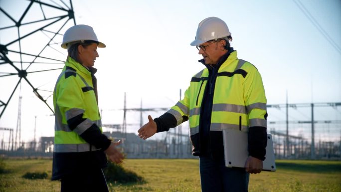 电力工程师在发电站边握手边交谈。夕阳下，两名电气工程师在高压塔的背景下会面并握手。工人在电网附近开会