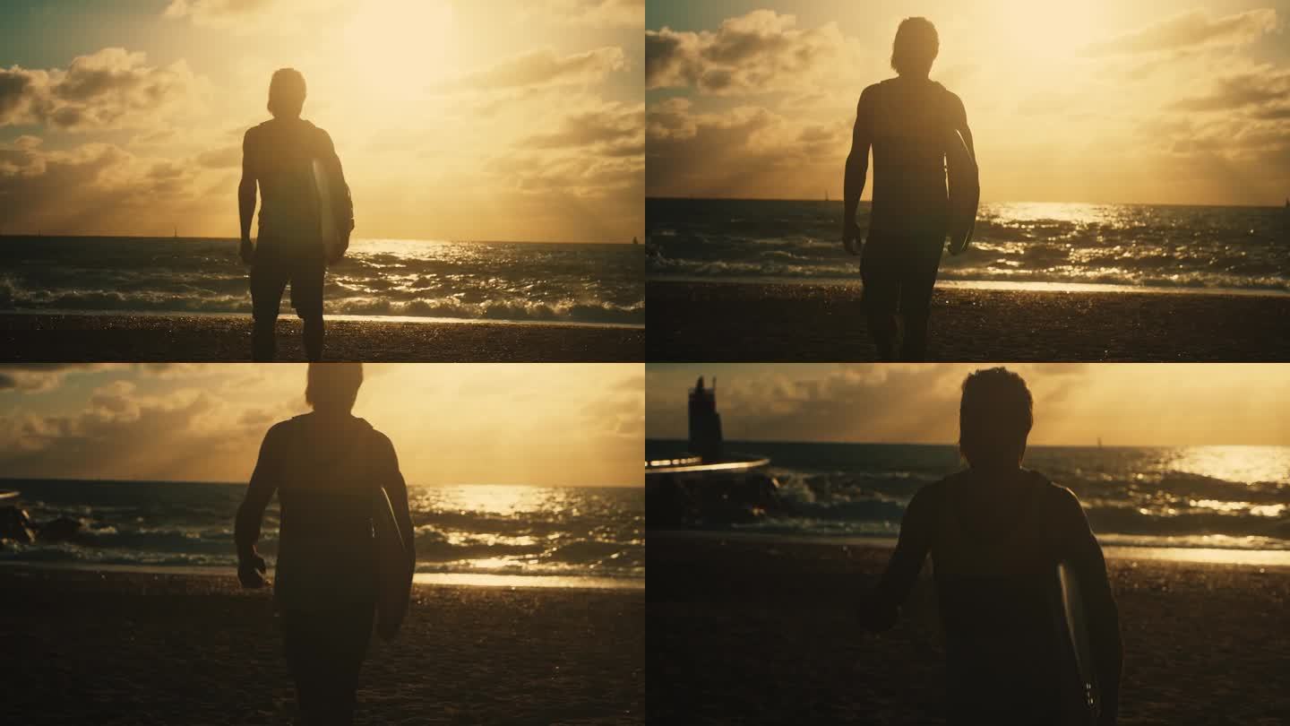 夕阳下，男冲浪者扛着冲浪板离开了大海