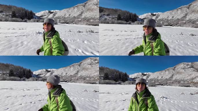 46岁女子雪后在冬山峡谷徒步的自拍视频，用运动相机拍摄了她的徒步旅行