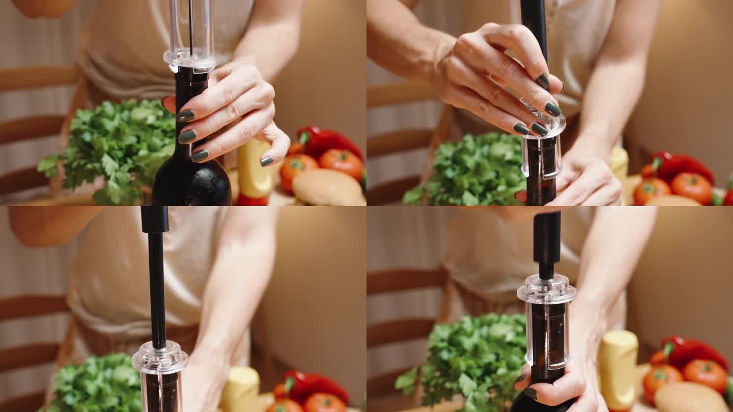一个女人用真空泵开瓶器打开一瓶红酒，开瓶器上的针穿过软木塞。
