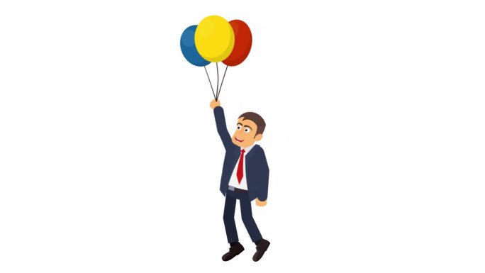 商人乘气球飞行。一个人拿着气球起飞的动画。卡通。