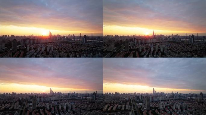 高角度的上海城市在惊人的晚霞，4k延时镜头航拍无人机视图。