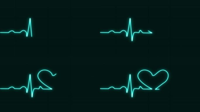 心电图心跳脉搏率发光蓝色爱形霓虹灯环动画蓝色网格背景。心电图60 BPM循环屏幕，蓝色带网格。心率监