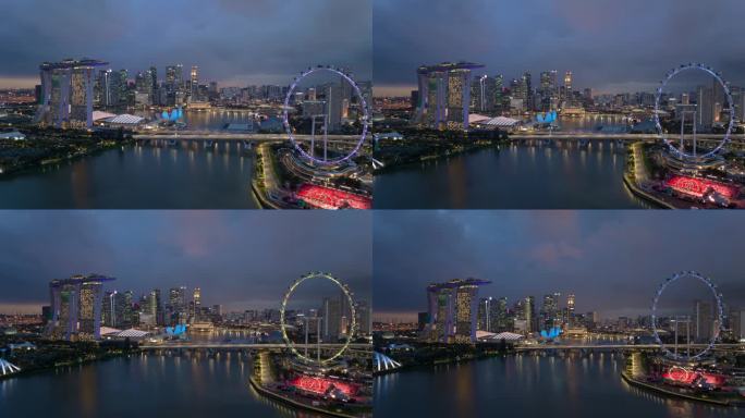 日落天空照明新加坡城市著名的市中心滨海湾航拍全景4k延时拍摄