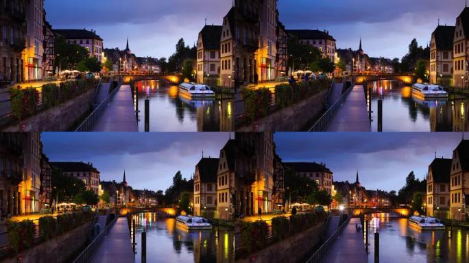 法国斯特拉斯堡欧洲城镇夜景延时欧洲历史街