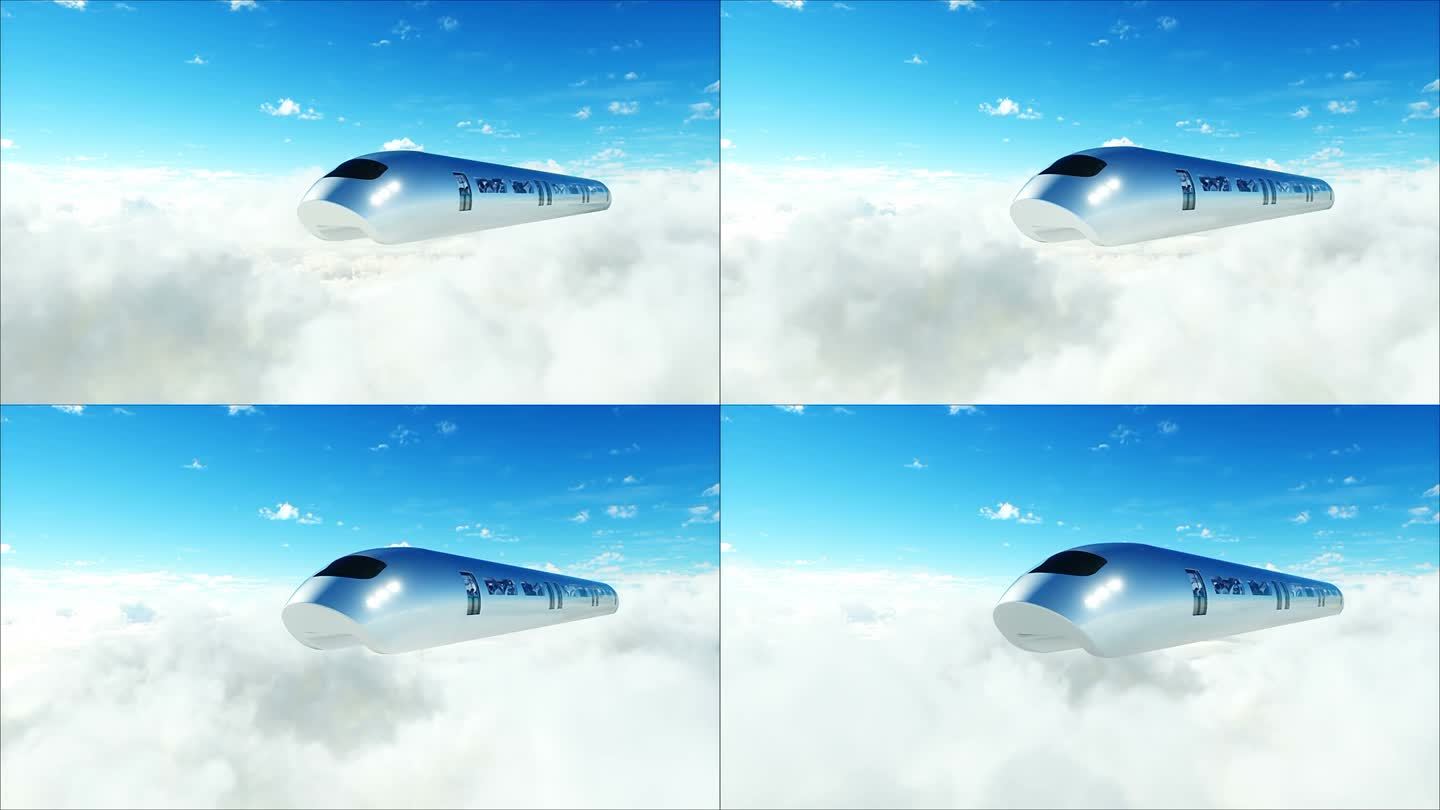 在云中飞行的旅客列车。3d人和机器人。乌托邦。未来的概念。空中美景。逼真的4k动画。