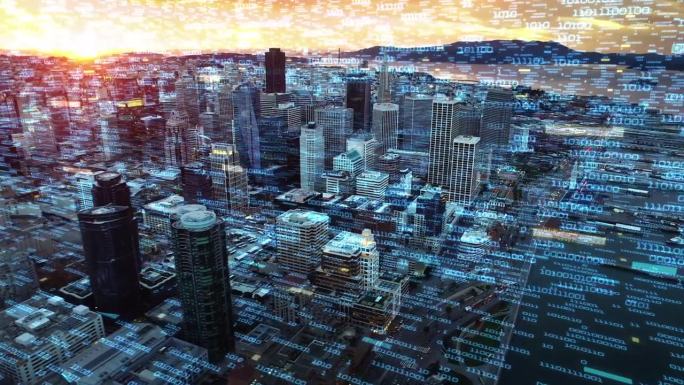 物联网。旧金山航拍大数据。在未来的城市里，每一栋建筑、每一台家电、每一台设备、每一个人都相互连接，形