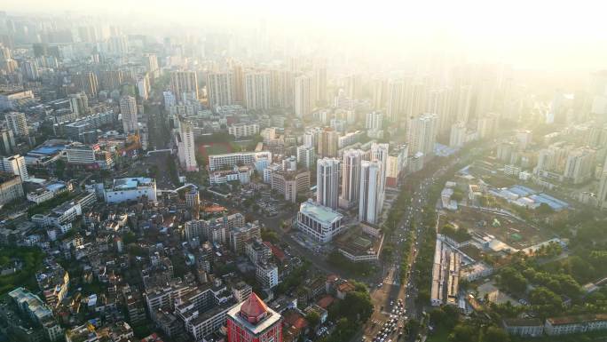 海南海口高视角航拍俯瞰下城市交通建筑风景