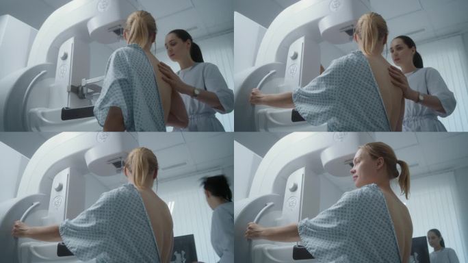 女医生为病人调整现代乳房x光机