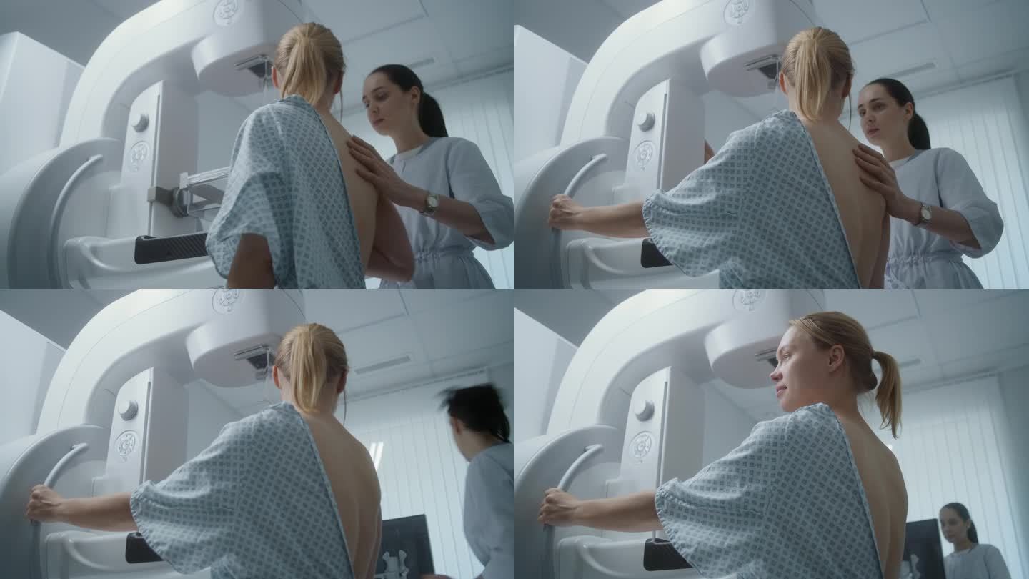 女医生为病人调整现代乳房x光机