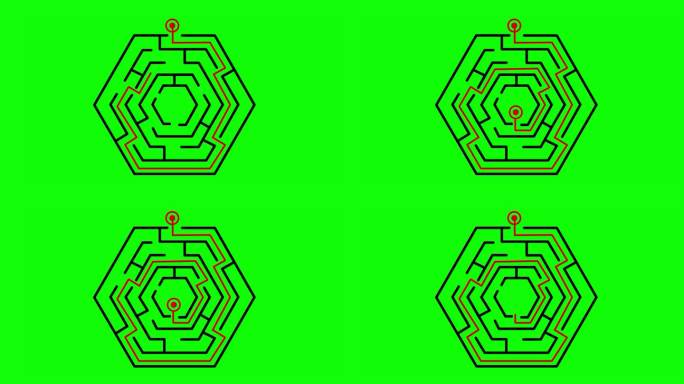 六边形迷宫迷宫动画绿色背景。4K