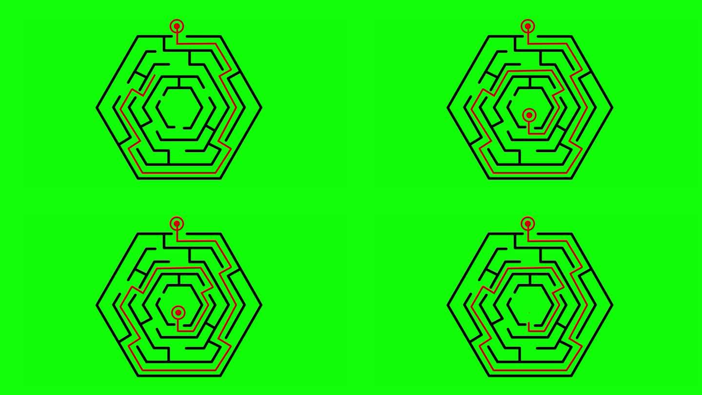 六边形迷宫迷宫动画绿色背景。4K
