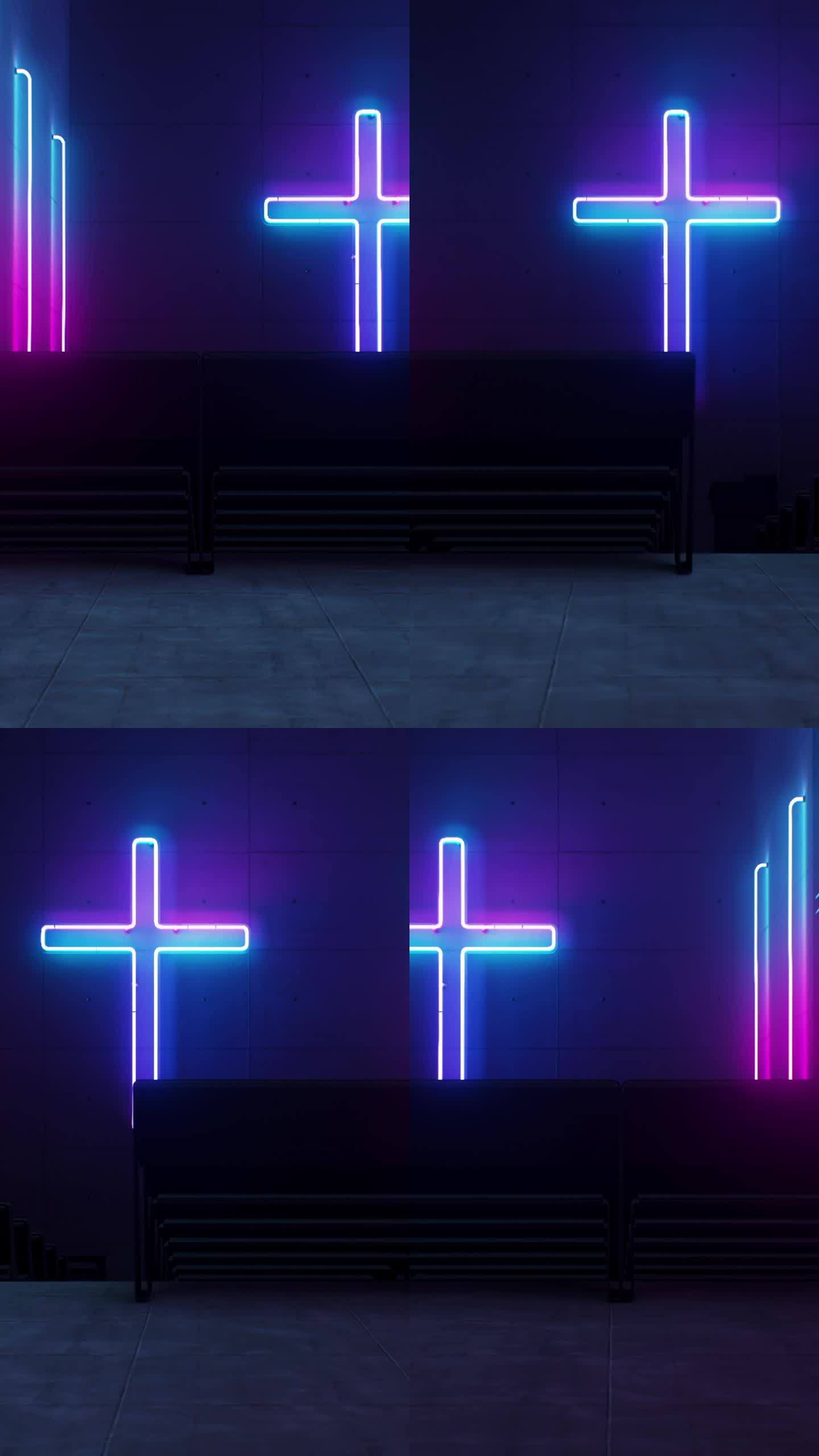 一个充满活力的霓虹灯基督教十字架闪耀在教堂的墙上